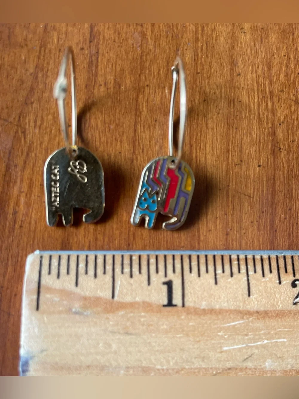Vintage Laurel Burch Aztec Cat Enamel on Brass Earrings French Wire Hoops - Picture 8 of 12